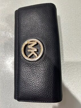 Michael Kors Black Pebbled Leather Continental Wallet with Gold MK Emblem